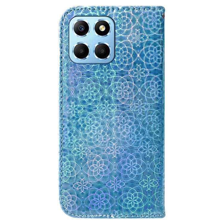 For Honor X8 5G Stand Magnetic Flip Phone Cover Leather Dazzling Flower Pattern Wallet Case with Strap - Blue