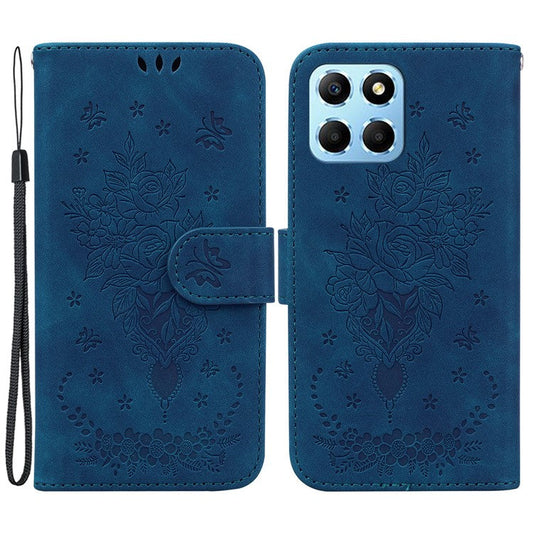 For Honor X8 5G PU Leather Wallet Case Imprinted Rose Butterfly Stand Phone Cover - Blue