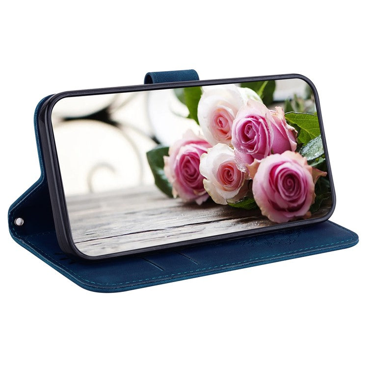 For Honor X8 5G PU Leather Wallet Case Imprinted Rose Butterfly Stand Phone Cover - Blue