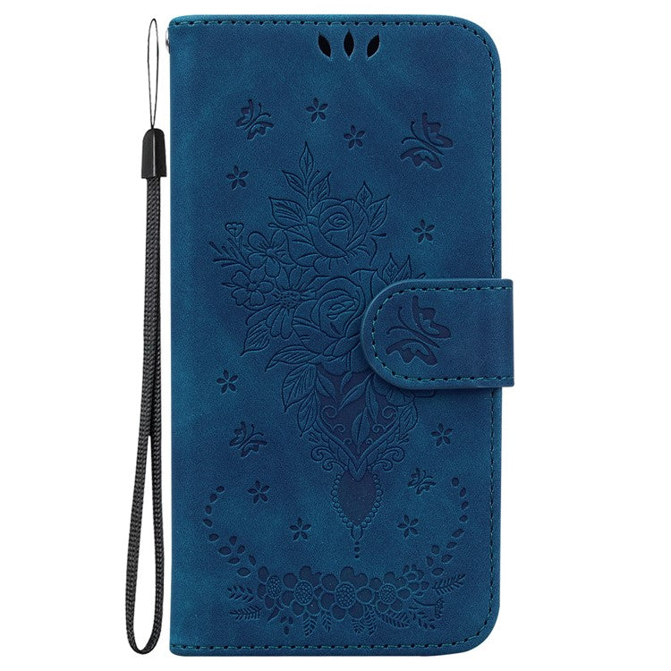 For Honor X8 5G PU Leather Wallet Case Imprinted Rose Butterfly Stand Phone Cover - Blue