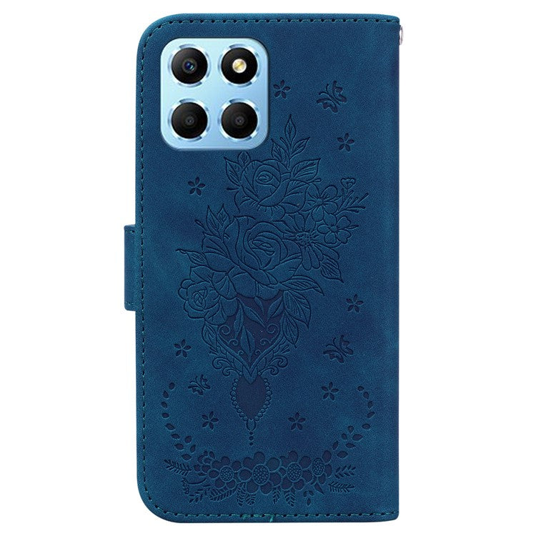 For Honor X8 5G PU Leather Wallet Case Imprinted Rose Butterfly Stand Phone Cover - Blue