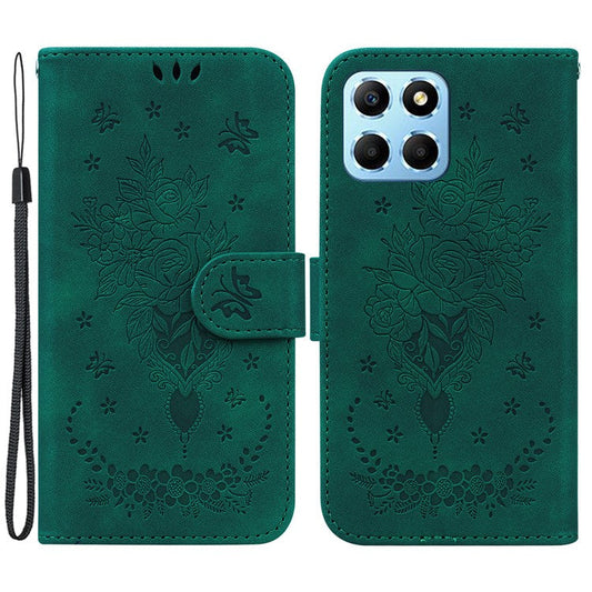 For Honor X8 5G PU Leather Wallet Case Imprinted Rose Butterfly Stand Phone Cover - Green