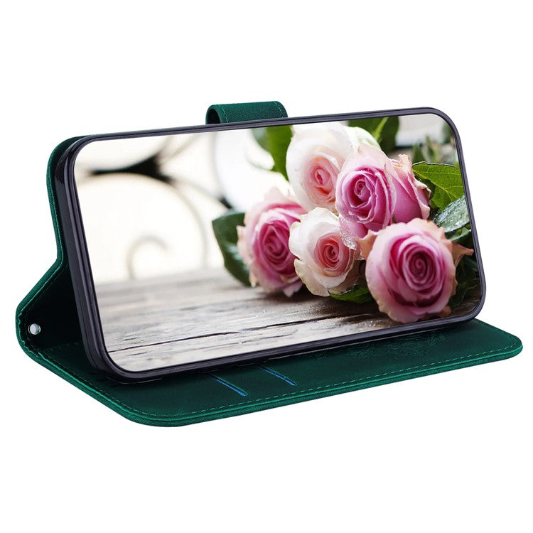 For Honor X8 5G PU Leather Wallet Case Imprinted Rose Butterfly Stand Phone Cover - Green