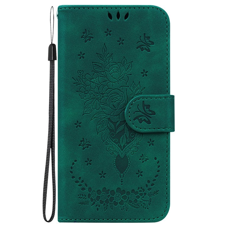 For Honor X8 5G PU Leather Wallet Case Imprinted Rose Butterfly Stand Phone Cover - Green