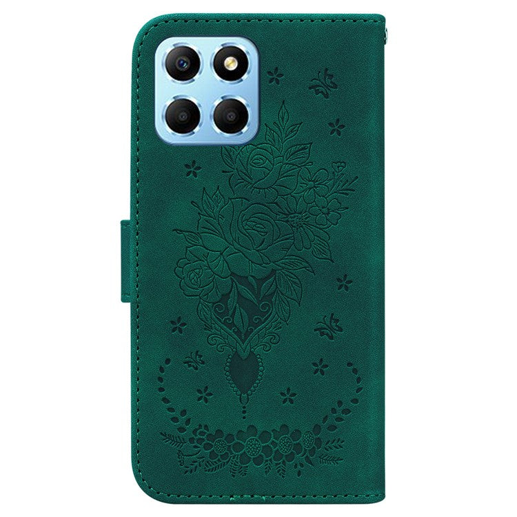 For Honor X8 5G PU Leather Wallet Case Imprinted Rose Butterfly Stand Phone Cover - Green