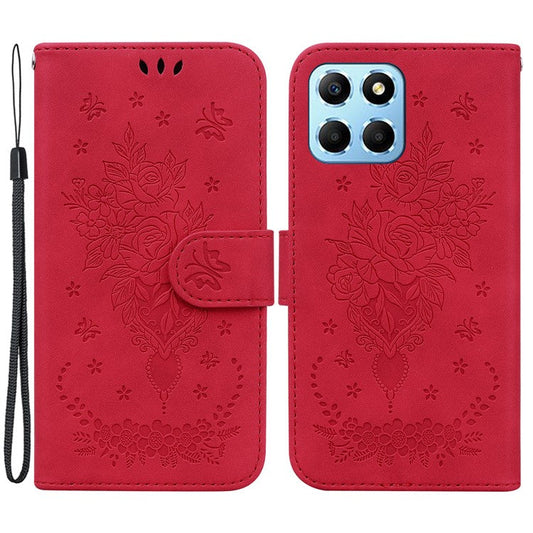 For Honor X8 5G PU Leather Wallet Case Imprinted Rose Butterfly Stand Phone Cover - Red