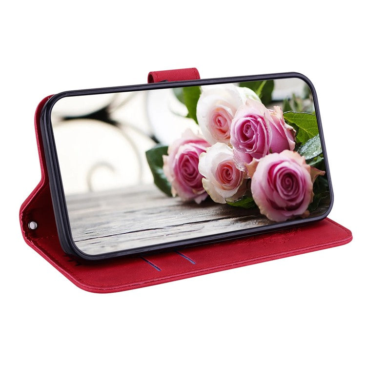 For Honor X8 5G PU Leather Wallet Case Imprinted Rose Butterfly Stand Phone Cover - Red