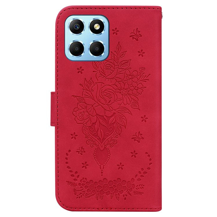 For Honor X8 5G PU Leather Wallet Case Imprinted Rose Butterfly Stand Phone Cover - Red