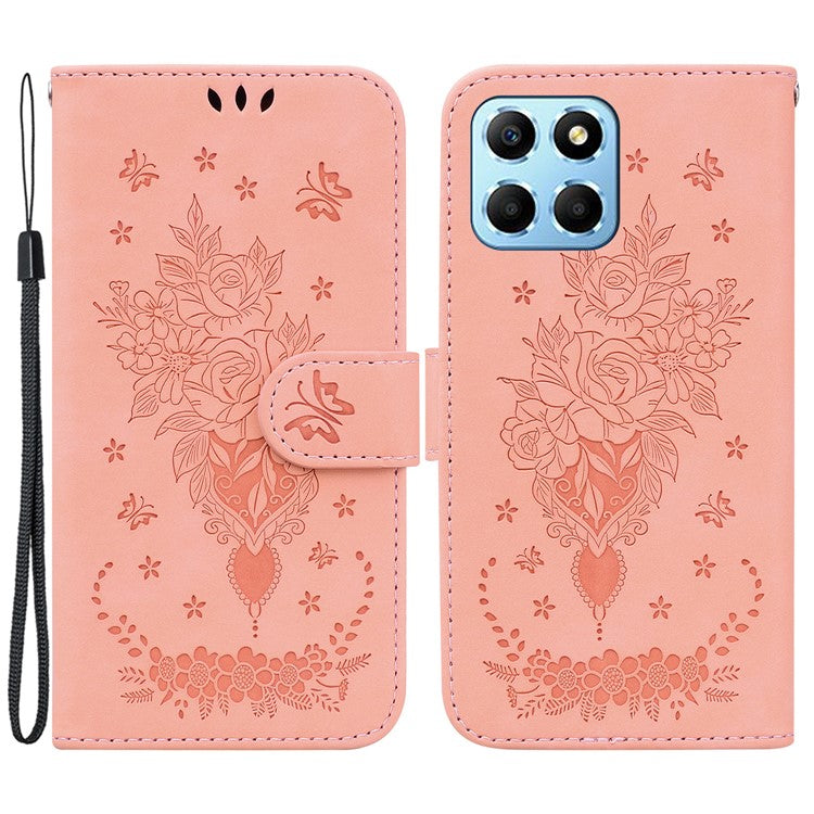 For Honor X8 5G PU Leather Wallet Case Imprinted Rose Butterfly Stand Phone Cover - Pink