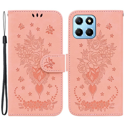 For Honor X8 5G PU Leather Wallet Case Imprinted Rose Butterfly Stand Phone Cover - Pink