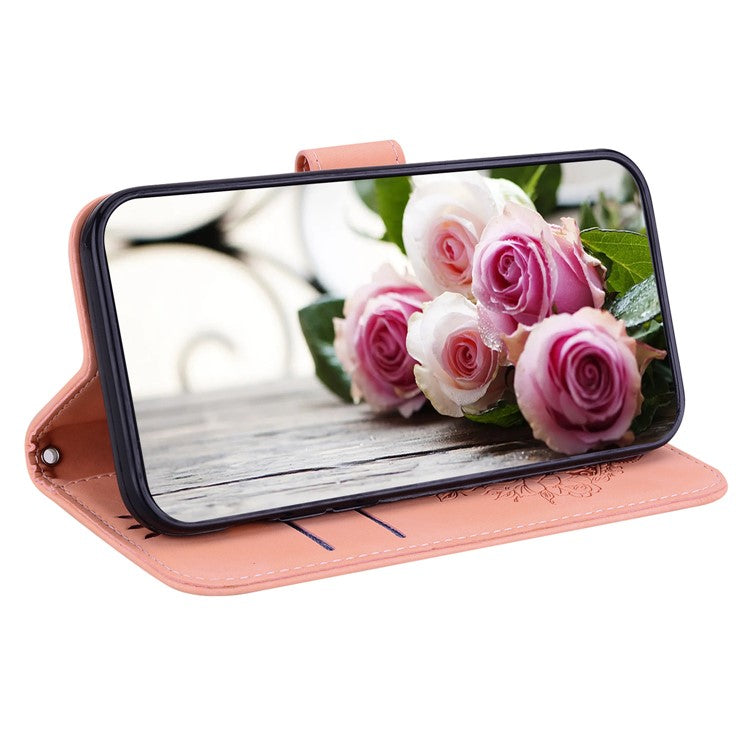 For Honor X8 5G PU Leather Wallet Case Imprinted Rose Butterfly Stand Phone Cover - Pink