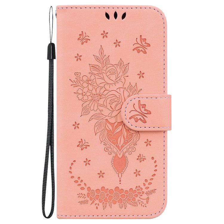 For Honor X8 5G PU Leather Wallet Case Imprinted Rose Butterfly Stand Phone Cover - Pink