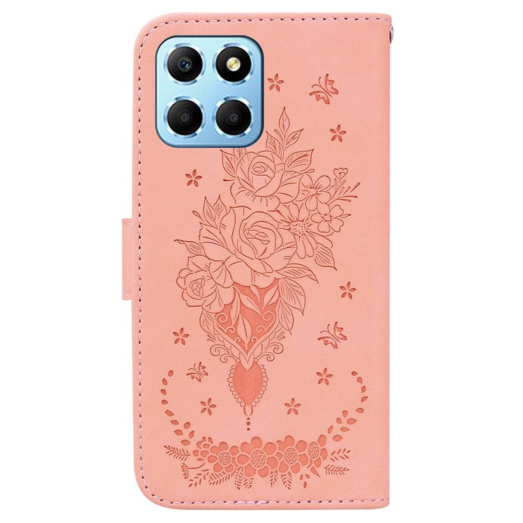 For Honor X8 5G PU Leather Wallet Case Imprinted Rose Butterfly Stand Phone Cover - Pink