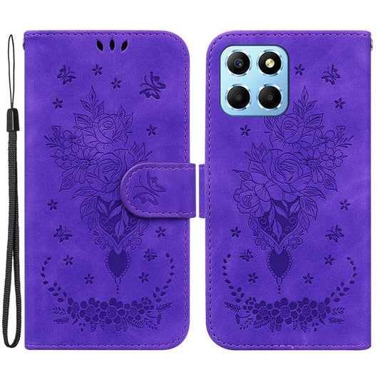 For Honor X8 5G PU Leather Wallet Case Imprinted Rose Butterfly Stand Phone Cover - Purple