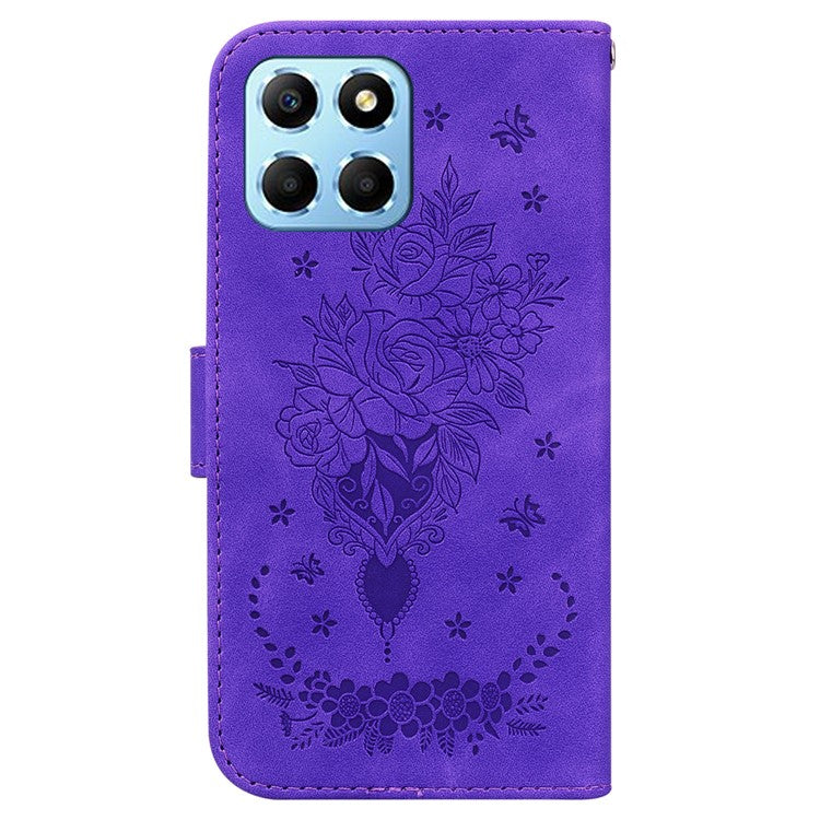 For Honor X8 5G PU Leather Wallet Case Imprinted Rose Butterfly Stand Phone Cover - Purple