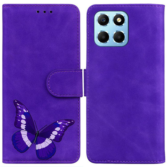 For Honor X8 5G Butterfly Pattern Printing TPU+PU Leather Phone Case Wallet Phone Stand Cover - Purple