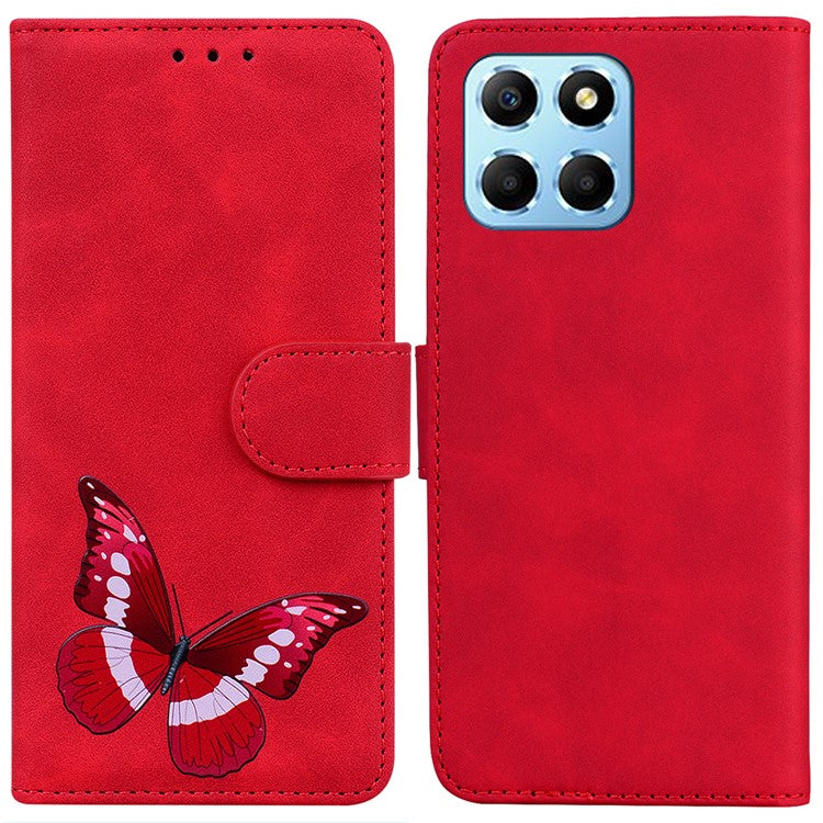 For Honor X8 5G Butterfly Pattern Printing TPU+PU Leather Phone Case Wallet Phone Stand Cover - Red