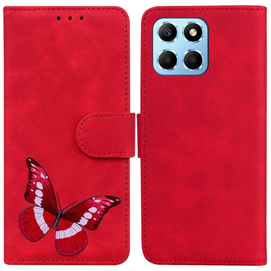 For Honor X8 5G Butterfly Pattern Printing TPU+PU Leather Phone Case Wallet Phone Stand Cover - Red