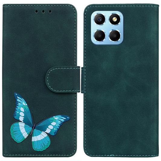 For Honor X8 5G Butterfly Pattern Printing TPU+PU Leather Phone Case Wallet Phone Stand Cover - Green