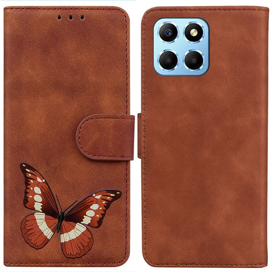For Honor X8 5G Butterfly Pattern Printing TPU+PU Leather Phone Case Wallet Phone Stand Cover - Brown
