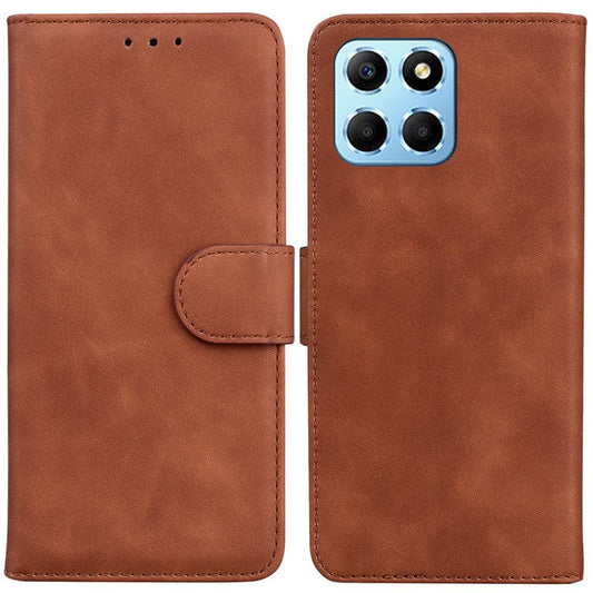 For Honor X8 5G Anti-Fingerprint Leather Phone Case Solid Color Stand Wallet Cover - Brown