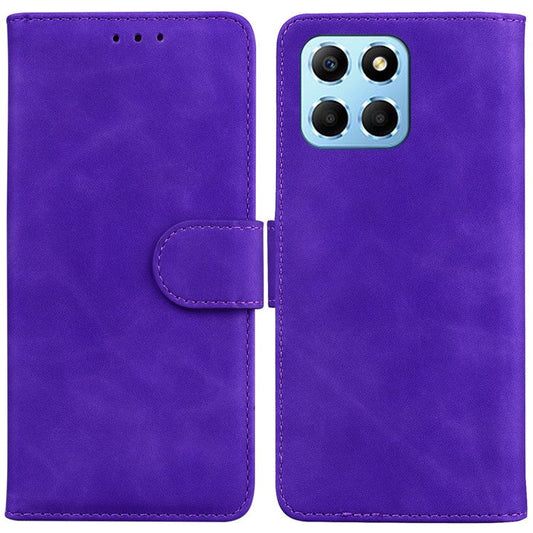 For Honor X8 5G Anti-Fingerprint Leather Phone Case Solid Color Stand Wallet Cover - Purple