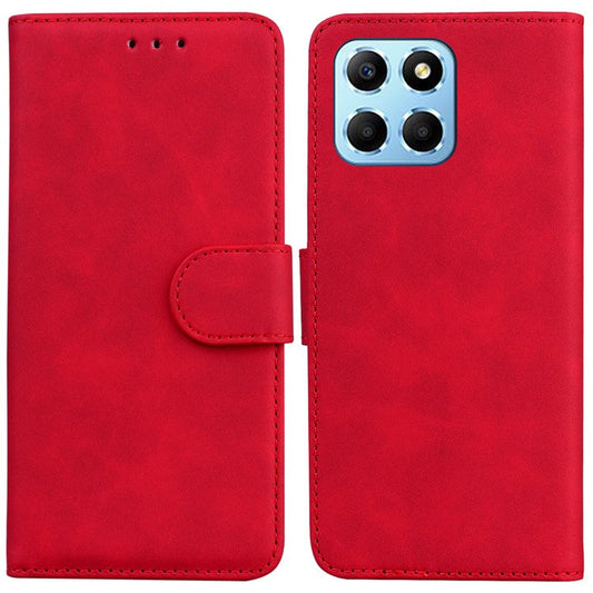For Honor X8 5G Anti-Fingerprint Leather Phone Case Solid Color Stand Wallet Cover - Red