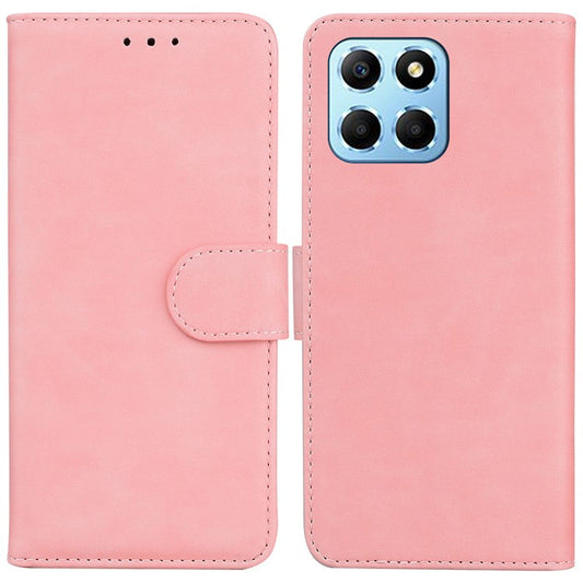 For Honor X8 5G Anti-Fingerprint Leather Phone Case Solid Color Stand Wallet Cover - Pink