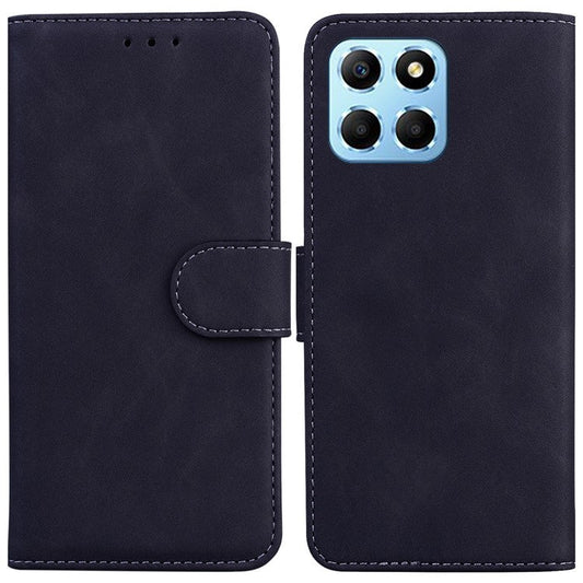 For Honor X8 5G Anti-Fingerprint Leather Phone Case Solid Color Stand Wallet Cover - Black