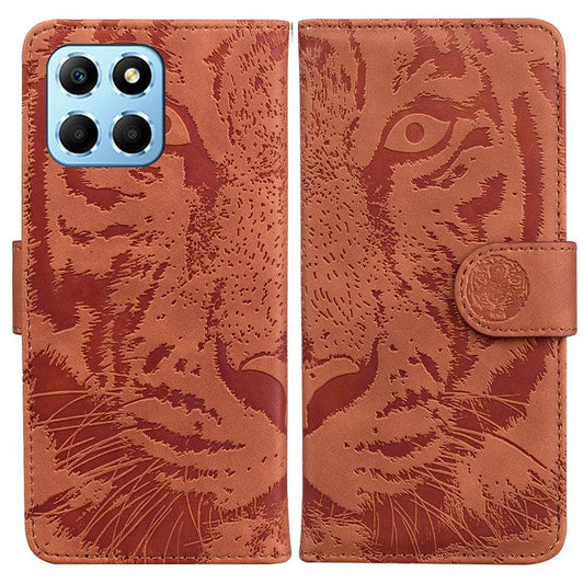 For Honor X8 5G Cell Phone Case Stand Wallet Tiger Pattern Imprinted PU Leather Flip Phone Cover - Brown