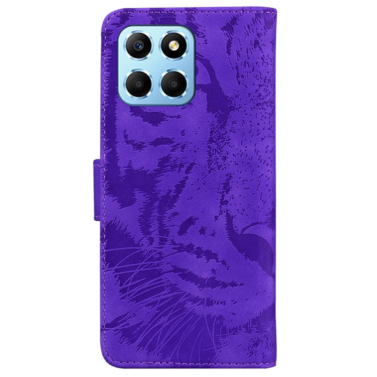 For Honor X8 5G Cell Phone Case Stand Wallet Tiger Pattern Imprinted PU Leather Flip Phone Cover - Purple