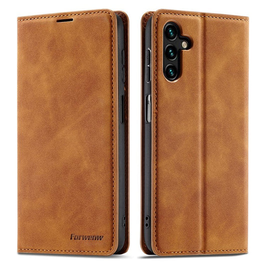 FORWENW Fantasy Series for Samsung Galaxy A34 5G Foldable Stand Wallet Case Skin-touch Leather Phone Cover - Brown