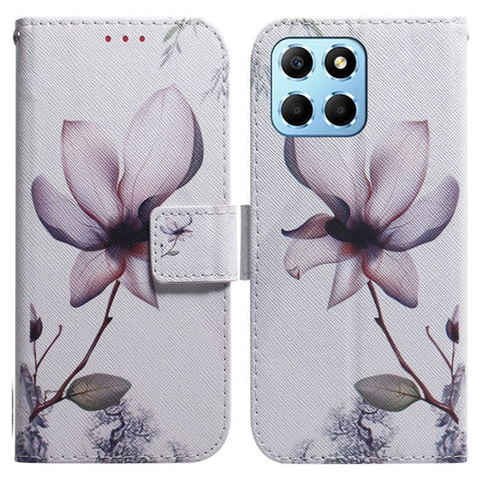 For Honor X8 5G PU Leather Folio Wallet Case Pattern Printing Stand Phone Cover Shell - Pink Flower