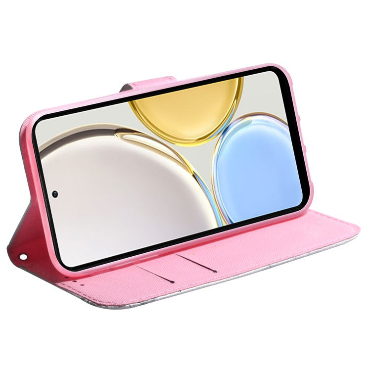 For Honor X8 5G PU Leather Folio Wallet Case Pattern Printing Stand Phone Cover Shell - Pink Flower