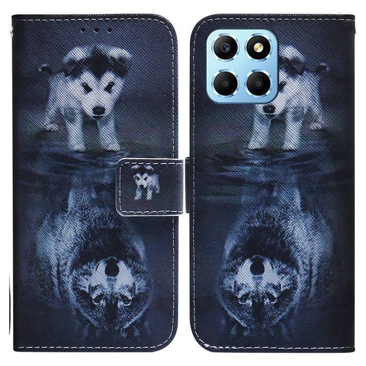 For Honor X8 5G PU Leather Folio Wallet Case Pattern Printing Stand Phone Cover Shell - Dog and Wolf