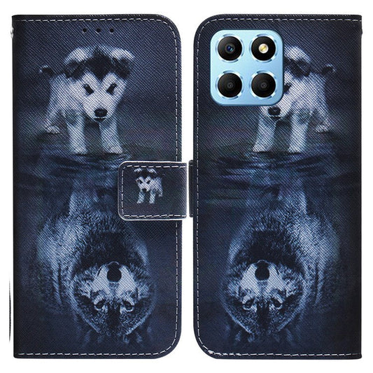For Honor X8 5G PU Leather Folio Wallet Case Pattern Printing Stand Phone Cover Shell - Dog and Wolf