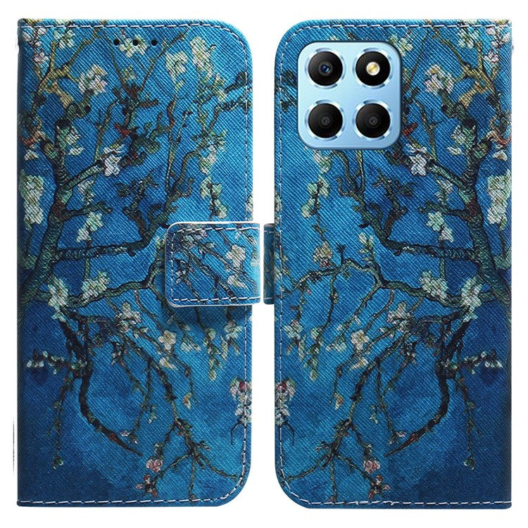 For Honor X8 5G PU Leather Folio Wallet Case Pattern Printing Stand Phone Cover Shell - Apricot Flowers