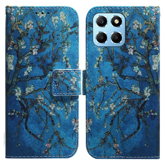 For Honor X8 5G PU Leather Folio Wallet Case Pattern Printing Stand Phone Cover Shell - Apricot Flowers