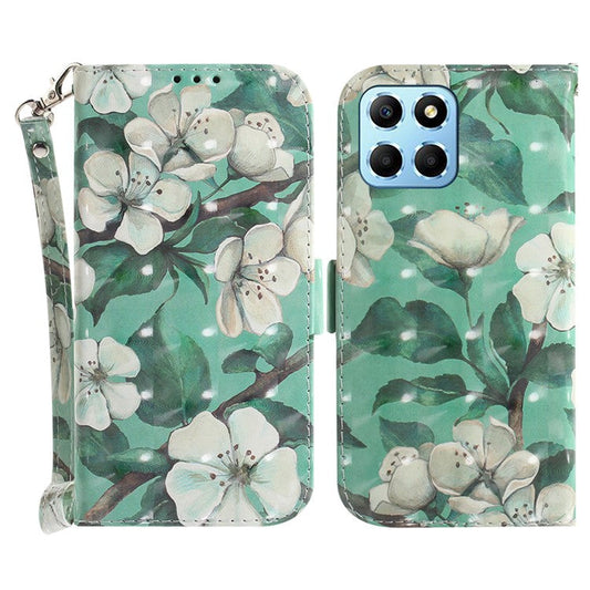PU Leather Case for Honor X8 5G Protective Shell Wallet Phone Flip Cover with Strap - Watercolor Flowers