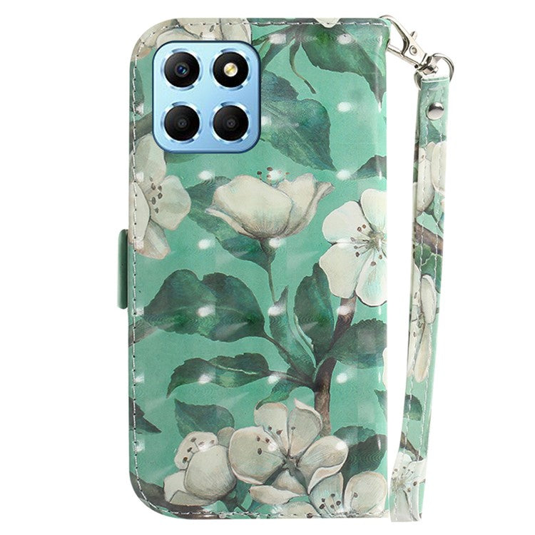 PU Leather Case for Honor X8 5G Protective Shell Wallet Phone Flip Cover with Strap - Watercolor Flowers