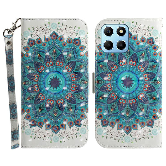 PU Leather Case for Honor X8 5G Protective Shell Wallet Phone Flip Cover with Strap - Peacock Wreath