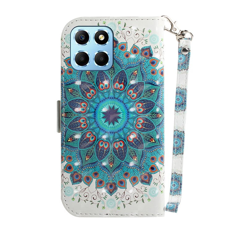 PU Leather Case for Honor X8 5G Protective Shell Wallet Phone Flip Cover with Strap - Peacock Wreath
