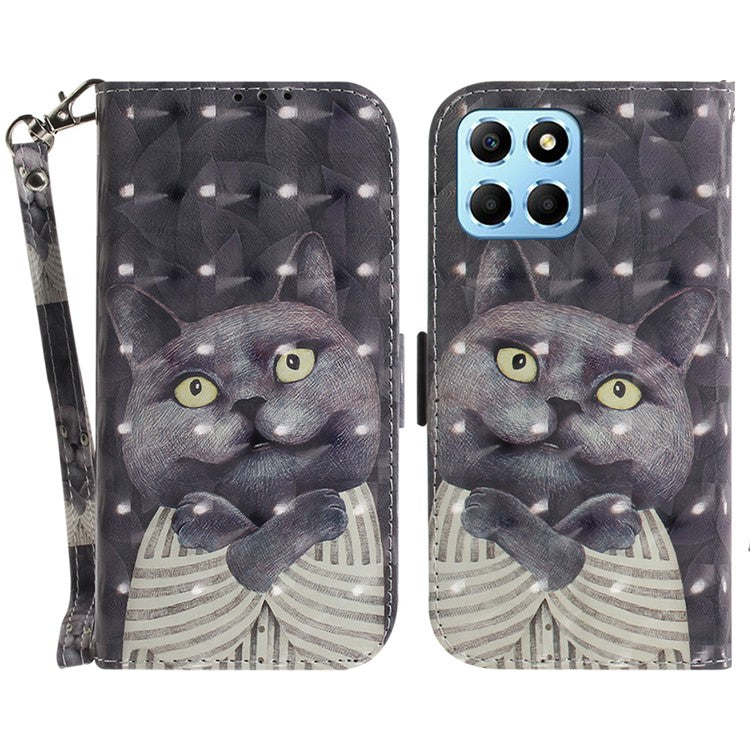 PU Leather Case for Honor X8 5G Protective Shell Wallet Phone Flip Cover with Strap - Embracing Cat