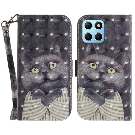 PU Leather Case for Honor X8 5G Protective Shell Wallet Phone Flip Cover with Strap - Embracing Cat