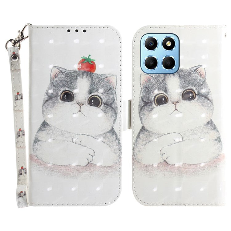 PU Leather Case for Honor X8 5G Protective Shell Wallet Phone Flip Cover with Strap - Cute Cat