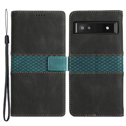 Grid Splicing PU Leather Phone Case for Google Pixel 7a , Stand Wallet Phone Case with Strap - Black