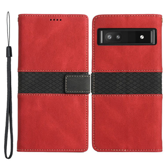 Grid Splicing PU Leather Phone Case for Google Pixel 7a , Stand Wallet Phone Case with Strap - Red