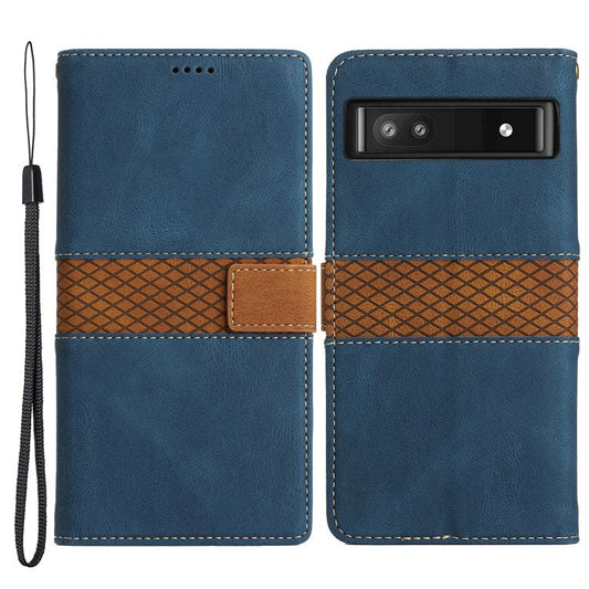 Grid Splicing PU Leather Phone Case for Google Pixel 7a , Stand Wallet Phone Case with Strap - Blue