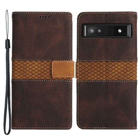 Grid Splicing PU Leather Phone Case for Google Pixel 7a , Stand Wallet Phone Case with Strap - Brown