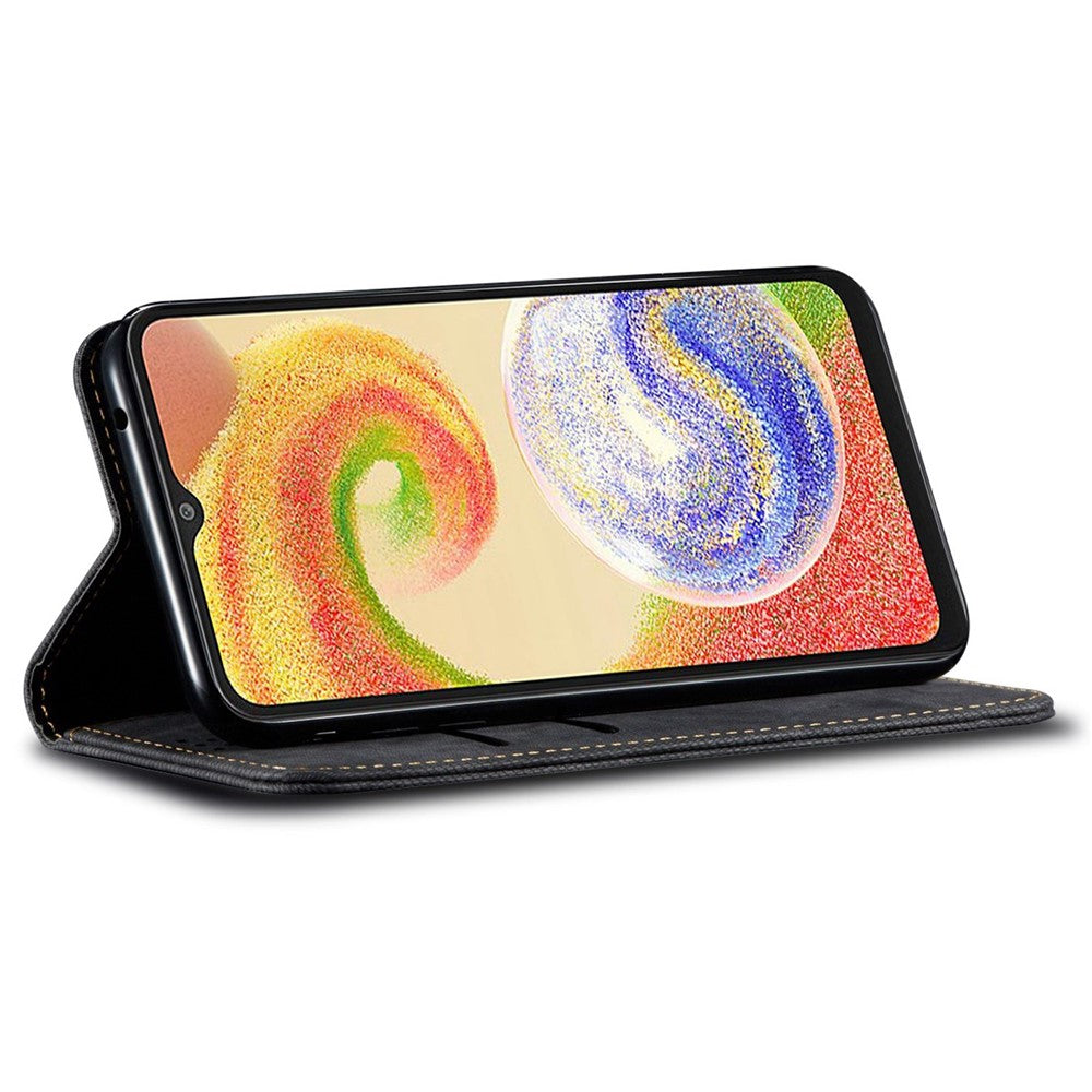 For Samsung Galaxy M14 Phone Case Cover Jeans Cloth Texture Stand Flip Shell PU Leather Wallet - Black
